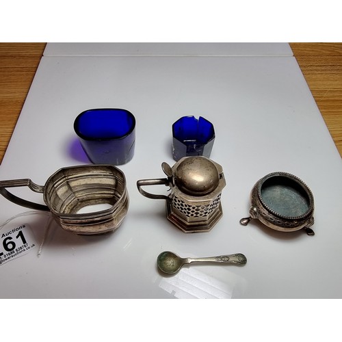 261 - Three piece hallmarked silver condiment sets to include salt pot, mustard pot & sauce pot. Two with ... 