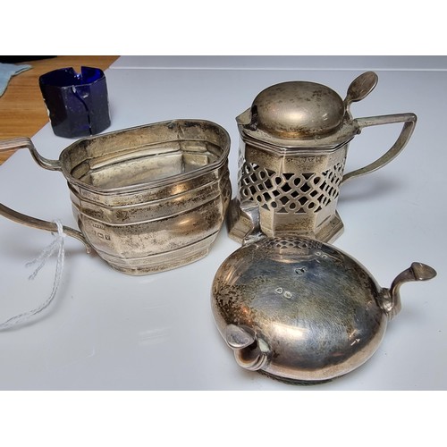 261 - Three piece hallmarked silver condiment sets to include salt pot, mustard pot & sauce pot. Two with ... 