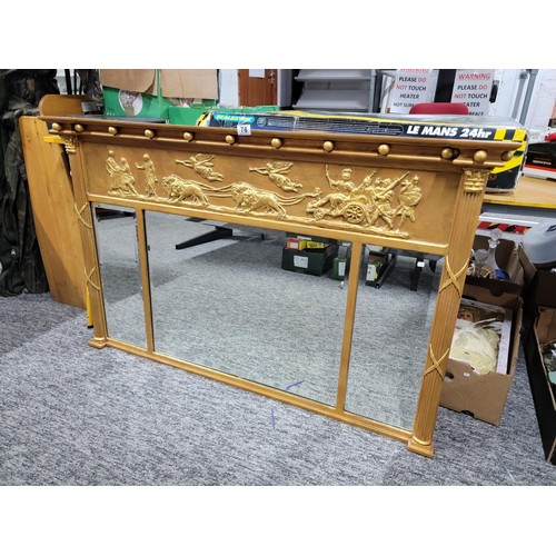 78 - Large good quality 3 division bevel edged mirror over mantel with a Greek freeze to the top gilded, ... 