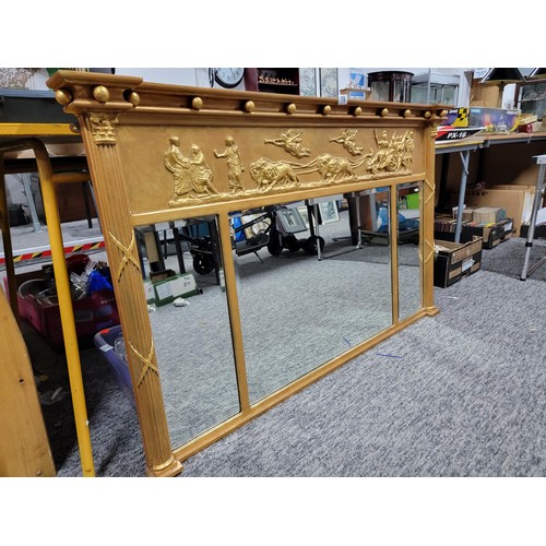 78 - Large good quality 3 division bevel edged mirror over mantel with a Greek freeze to the top gilded, ... 