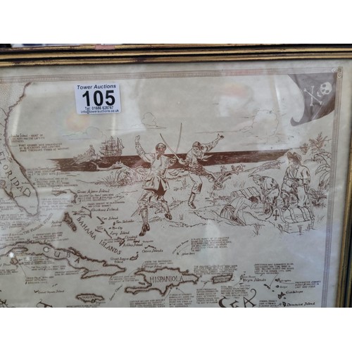 105 - Framed and glazed reproduction map of the Caribbean Sea printed by paperbook gallery height 45cm wid... 