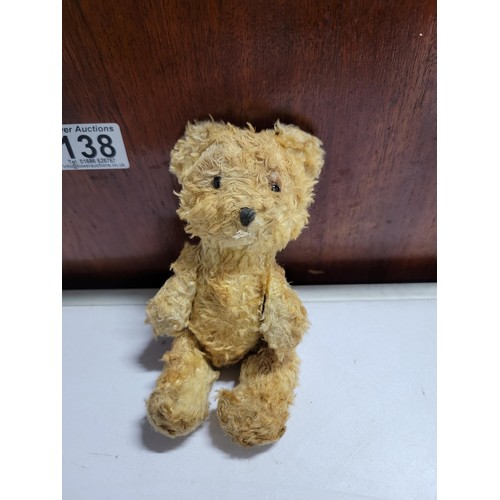 138 - Rare vintage miniature mohair teddy bear filled with sawdust, with black glass eyes movable legs and... 