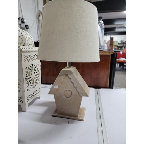 143 - 2x metal formed Morocco style table light along with a bird box formed table lamp with shade. Talles... 