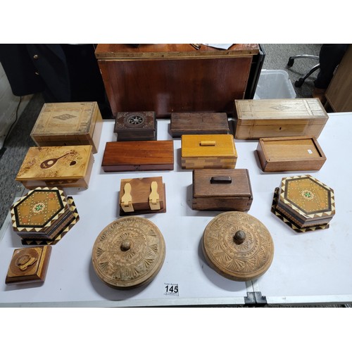 145 - Large quantity of various sized wooden trinket boxes inc hexagonal marquetry boxes, collection boxes... 