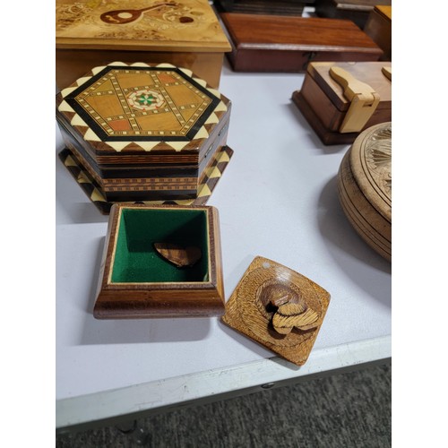 145 - Large quantity of various sized wooden trinket boxes inc hexagonal marquetry boxes, collection boxes... 