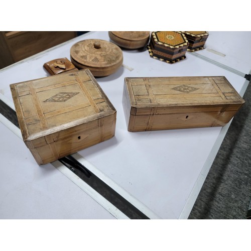 145 - Large quantity of various sized wooden trinket boxes inc hexagonal marquetry boxes, collection boxes... 