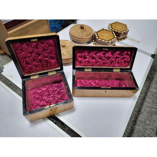 145 - Large quantity of various sized wooden trinket boxes inc hexagonal marquetry boxes, collection boxes... 