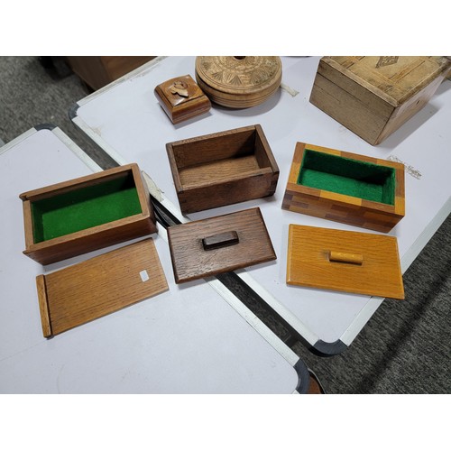 145 - Large quantity of various sized wooden trinket boxes inc hexagonal marquetry boxes, collection boxes... 