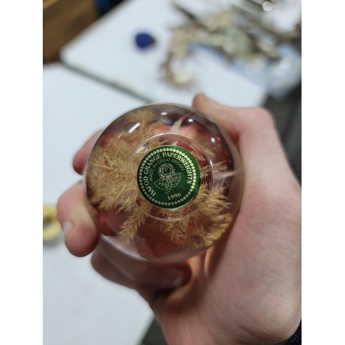 154 - Quantity of 4x paperweights inc a mushroom formed paperweight, Hafod Grange Paperweight of a flower ... 