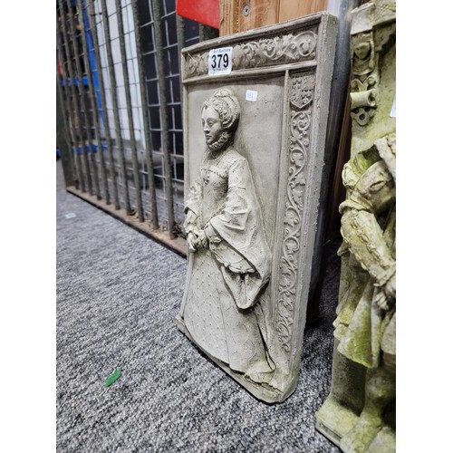 379 - 2x concrete 3D figure plaques inc Henry VIII and Anne Boleyn, the Henry VIII plaque is well weathere... 