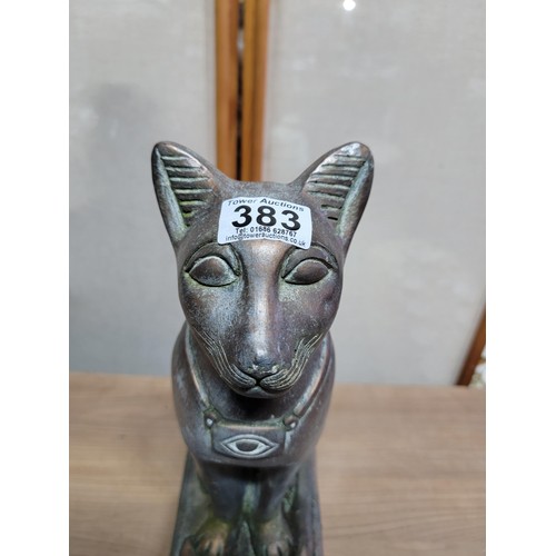 383 - Good quality stoneware Egyptian cat on a plinth with bronze effect, hieroglyphics to the sides. The ... 