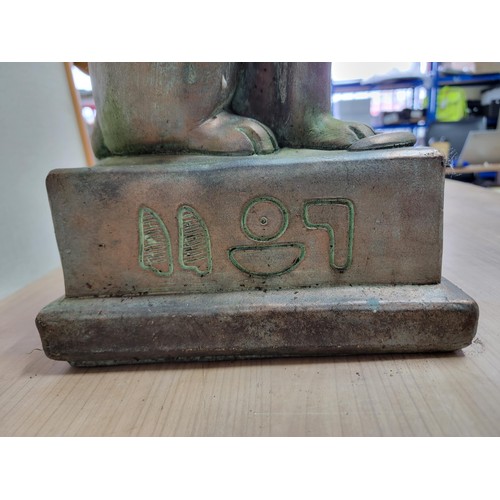 383 - Good quality stoneware Egyptian cat on a plinth with bronze effect, hieroglyphics to the sides. The ... 