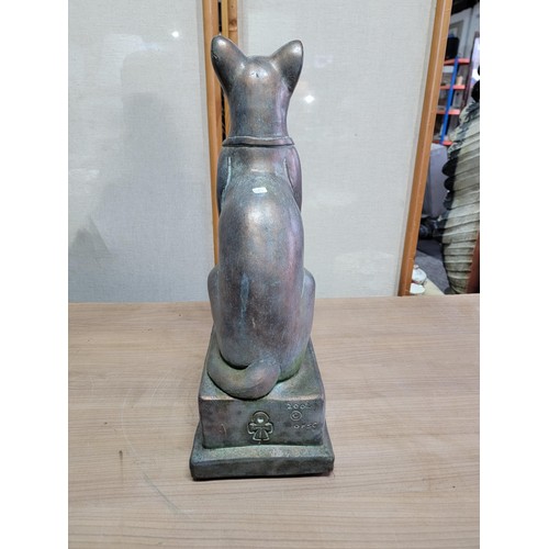 383 - Good quality stoneware Egyptian cat on a plinth with bronze effect, hieroglyphics to the sides. The ... 