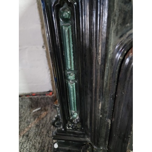 395 - Good quality French antique late Victorian cast iron enamel stove in black with green coloured decor... 