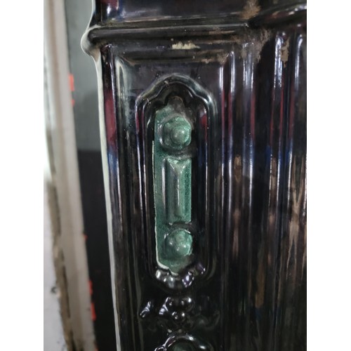 395 - Good quality French antique late Victorian cast iron enamel stove in black with green coloured decor... 