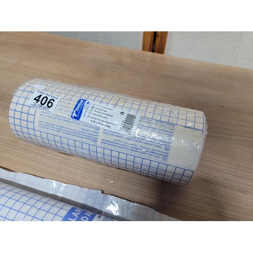 406 - 2x rolls containing a large quantity of plastic adhesive film one is sealed and unused