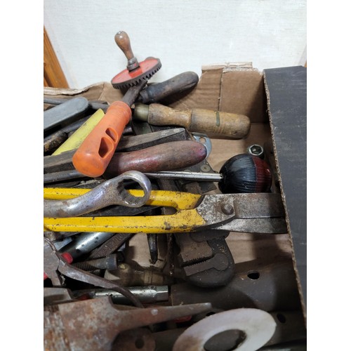 408 - Box containing a large quantity of tools inc hand saws, spanners, files, hand drills, spirit level, ... 