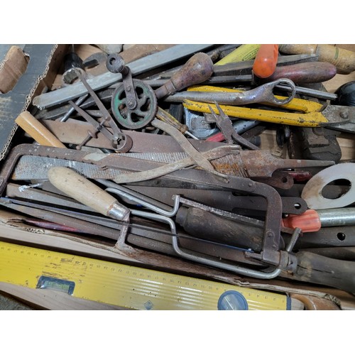 408 - Box containing a large quantity of tools inc hand saws, spanners, files, hand drills, spirit level, ... 