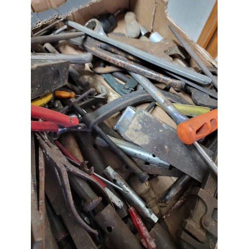 408 - Box containing a large quantity of tools inc hand saws, spanners, files, hand drills, spirit level, ... 