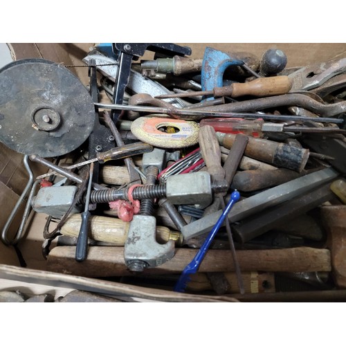 410 - Box containing a large quantity of various tools inc hand saws, builders trowels, wire brush, grindi... 