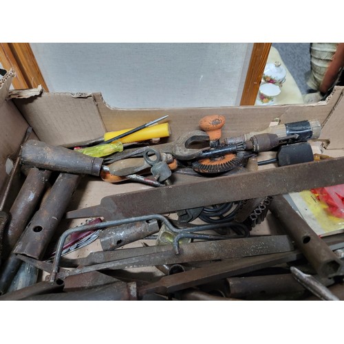 411 - Box containing a large quantity of tools inc pipe cutter, files, belly drill, grinding disks etc