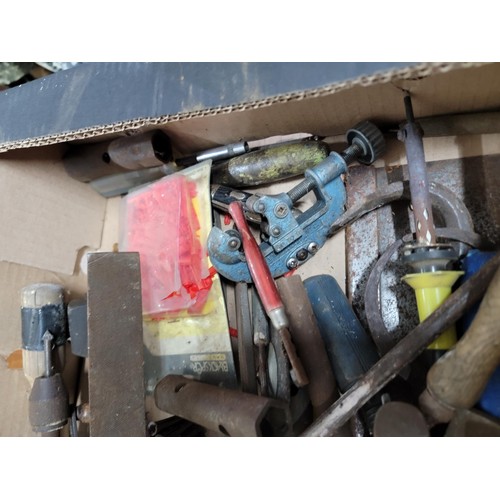 411 - Box containing a large quantity of tools inc pipe cutter, files, belly drill, grinding disks etc