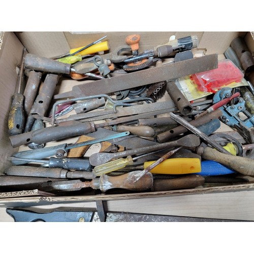 411 - Box containing a large quantity of tools inc pipe cutter, files, belly drill, grinding disks etc