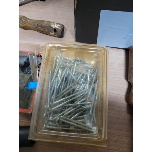 419 - Box containing a quantity of tools and accessories inc nails, hack saw, car wrench, castor wheel set... 