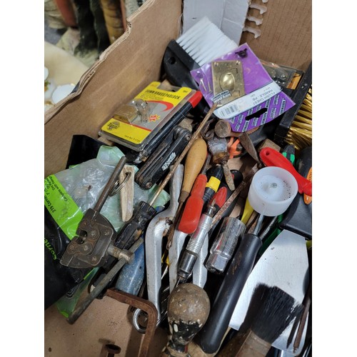 419 - Box containing a quantity of tools and accessories inc nails, hack saw, car wrench, castor wheel set... 