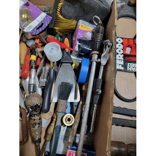 419 - Box containing a quantity of tools and accessories inc nails, hack saw, car wrench, castor wheel set... 