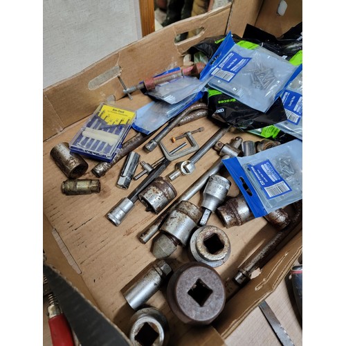 420 - Box containing a quantity of tools and accessories inc 3x packs of castor thread fittings, quantity ... 