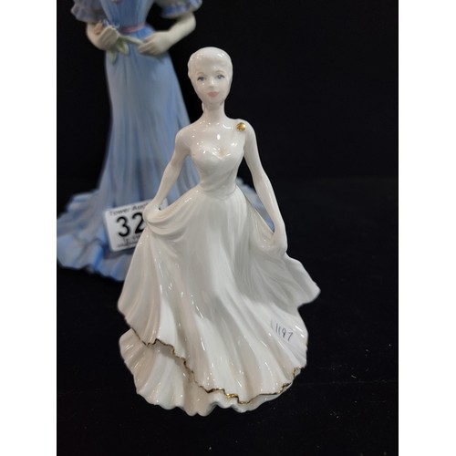 327 - 3x Coalport figurines inc a large blue Age of Elegance lady figure in flowing dress, Lady Alice at t... 