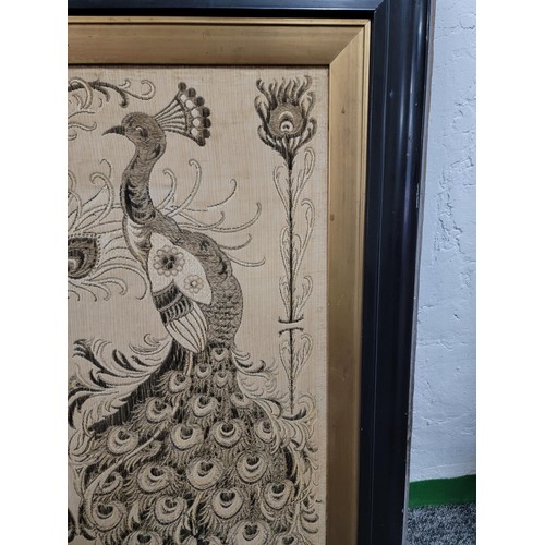 330 - Large framed silk of 2x peacocks, was a fire screen has now been framed, very well detailed measures... 