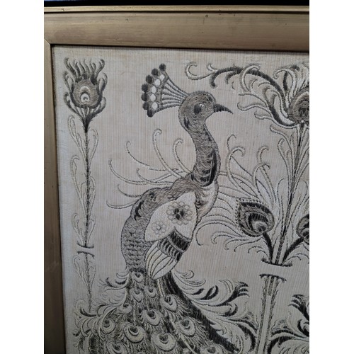 330 - Large framed silk of 2x peacocks, was a fire screen has now been framed, very well detailed measures... 