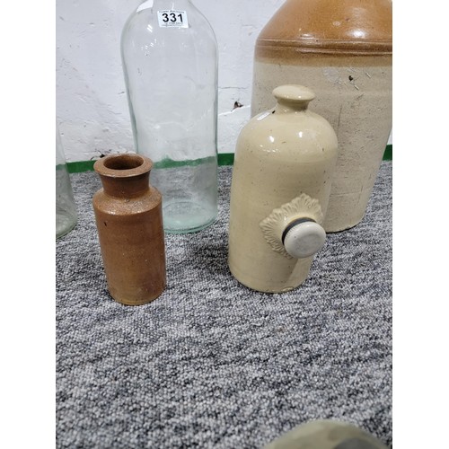 331 - Quantity of collectables inc 2x gallon whiskey bottles, a large earthen ware flagon with chip to the... 