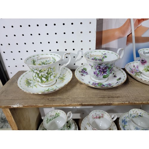 333 - Collection of 12x Royal Albert flowers of the month cups and saucers along with 3x extra months May,... 