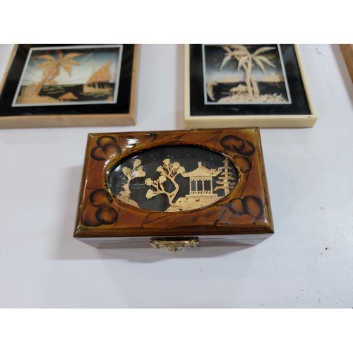 336 - Quantity of collectables inc 5x framed and gazed cork pictures, a wooden trinket box with cork pictu... 