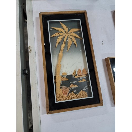 336 - Quantity of collectables inc 5x framed and gazed cork pictures, a wooden trinket box with cork pictu... 