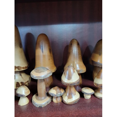 343 - Collection of 22x wooden formed toadstools of various sizes inc 5 graduate toadstools largest stands... 