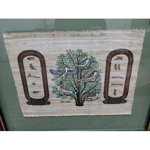 345 - 2x farmed and glazed pictures inc an Egyptian style silk depicting birds in a tree along with a doub... 