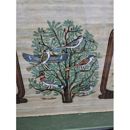 345 - 2x farmed and glazed pictures inc an Egyptian style silk depicting birds in a tree along with a doub... 