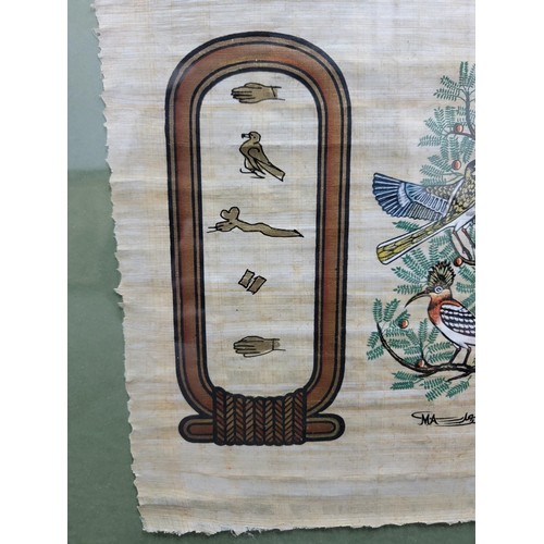 345 - 2x farmed and glazed pictures inc an Egyptian style silk depicting birds in a tree along with a doub... 