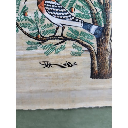 345 - 2x farmed and glazed pictures inc an Egyptian style silk depicting birds in a tree along with a doub... 