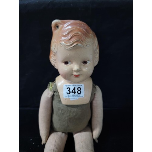 348 - Vintage 80yr doll hand made with plaster head and material body, in need of restoration 44cm high