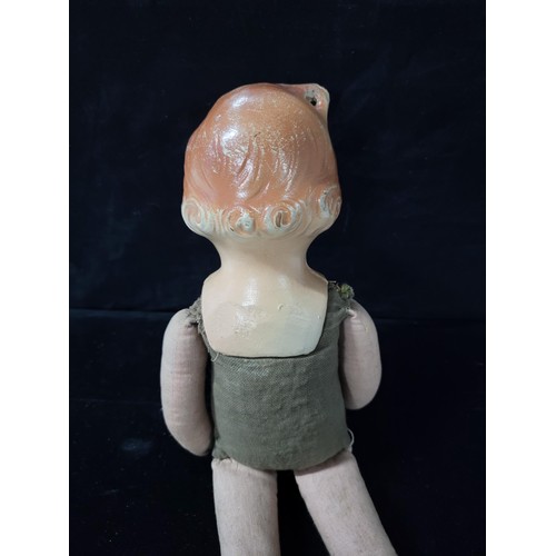 348 - Vintage 80yr doll hand made with plaster head and material body, in need of restoration 44cm high