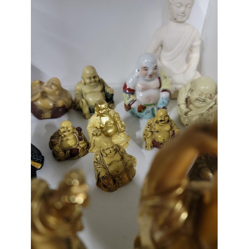 349 - Large quantity of Buddha figures inc 6x gold coloured buddha's all are resin along with a cermic bud... 