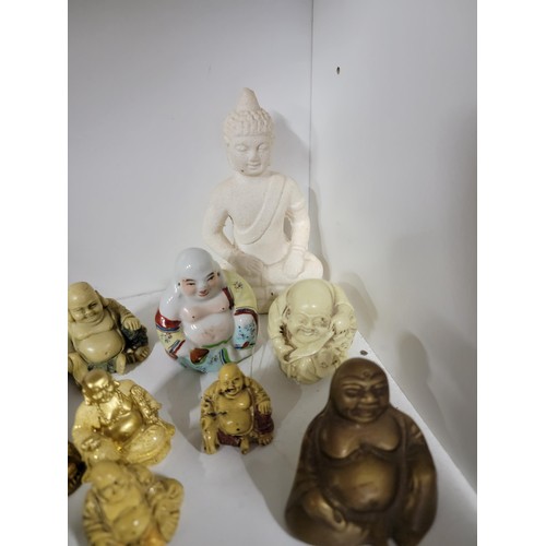 349 - Large quantity of Buddha figures inc 6x gold coloured buddha's all are resin along with a cermic bud... 