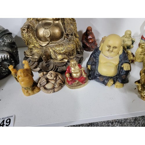 349 - Large quantity of Buddha figures inc 6x gold coloured buddha's all are resin along with a cermic bud... 