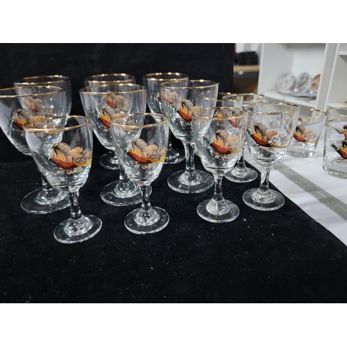 361 - Large quantity of 20 glasses with pheasant design inc 6x tumblers, 3x tankards, 6x wine glasses 5x s... 