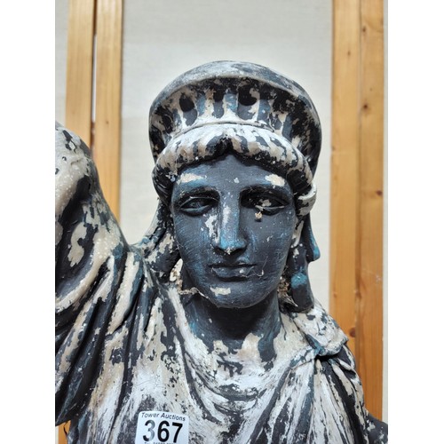 367 - Large resin Statue of Liberty well weathered, stamped to the base, missing the flame and crown, crac... 